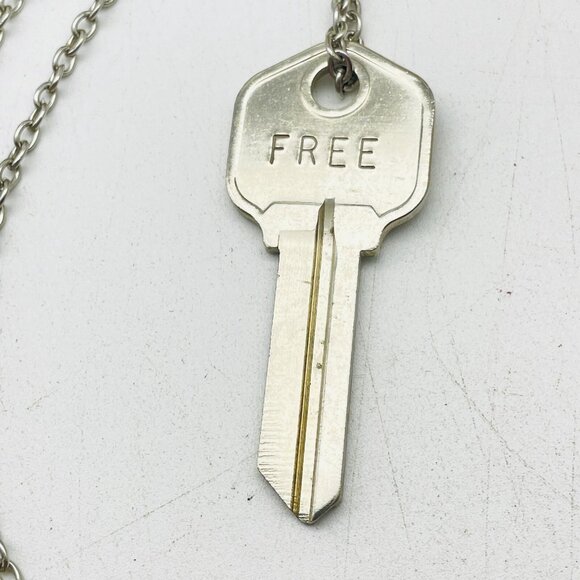 Silver Tone Key Necklace Long Chain Statement Jewelry Engraved Pendant FREE - Picture 2 of 6